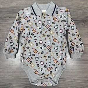 Vintage TKS Basics Baby Boys 24M Football Polo Long Sleeve Gray Bodysuit NWT